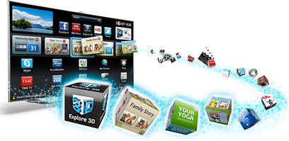Televisor Samsung UE46ES7000 y sus aplicaciones, vista frontal, pantalla encendida mostrando iconos, cubos 3D en primer plano