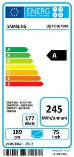 Evropský energetický štítek televizoru Samsung UE75HU7500, energetická třída A, 245 kWh/rok, 75 palců, roky 2010 až 2014