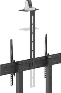 Wandhalterung für Fernseher Norstone Pro Vision Max aus schwarzem Stahl, in Dreiviertelansicht, mit einer perforierten Mittelsäule, einer verstellbaren horizontalen Traverse mit zwei perforierten vertikalen Armen und zwei Zubehörablagen