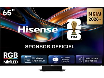 Televisor Hisense de 65 pulgadas, marco negro fino sobre soporte central, pantalla con visual abstracto colorido y logotipo de la FIFA