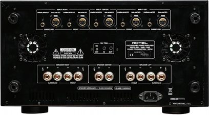 Rotel RMB-1585 sort multikanal-effektforstærker, frontpanel med knapper, indgange/udgange og bagpå med ventilatorer