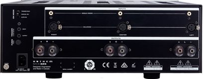 Anthem MCA-325 sort effektforstærker, frontvisning, 3 XLR-indgange og 3 XLR-udgange, kontroller og indikatorer