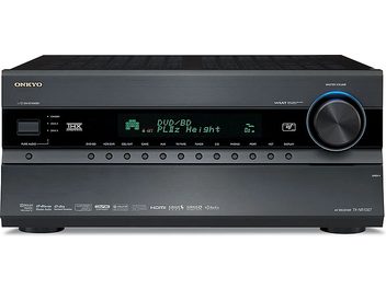 Must Onkyo TX-NR1007 kodukinovõimendi, esipaneel sinise ekraaniga, hõbedased nupud ja kettad, USB-port