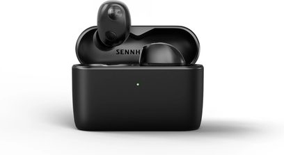 Auricolari wireless Sennheiser Momentum True Wireless 5 neri con custodia di ricarica aperta e spia verde