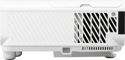 ViewSonic PX749-4K hvid videoprojektor set forfra, sort og hvid ventilationsgitter på højre side