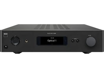 Стерео передпідсилювач NAD C658 чорний, вигляд спереду, цифровий дисплей "Optical 1 -36.5 dB", кнопки та роз'єми на передній панелі