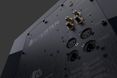 Subwoofer Perlisten D12s negru cu conectori audio aurii, mufe XLR, suprafață texturată, vedere din unghi