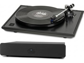 Schwarzer Plattenspieler mit passendem Phono-Vorverstärker Atoll Electronique PH100