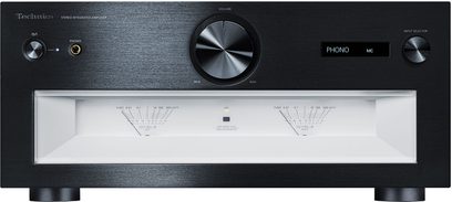 Teknisk integrert stereoanlegg SU-R1000E-K i svart, frontvisning, to analoge vu-metre, knapper og kontakter