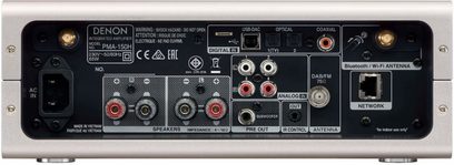 Denon PMA-150H sølvfarvet stereo hi-fi-forstærker, bagside, analog og digital lydtilslutning, Wi-Fi/Bluetooth-antenne