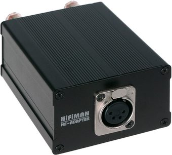 Adaptateur audio Hifiman HE-Adapter noir, vue de face, connecteur XLR 4 broches femelle, boîtier métallique rectangulaire