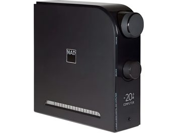 NAD D3045 -musta kiiltävä integroitu stereohi-fi-vahvistin, metalli- ja muovikuori, 3/4-oikea näkymä, kaksi sivupyörää