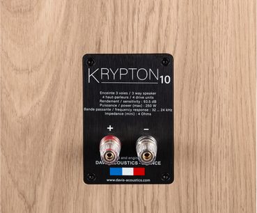 Kolomluidspreker Krypton 10, achteraanzicht, rechthoekige zwarte plaat met witte technische opschriften, 2 transparante aansluitklemmen