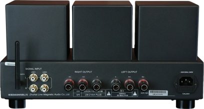 Line Magnetic LM-216IA Plus stereorørforstærker, bagside med RCA-indgange, højttalerterminaler og sort antenne