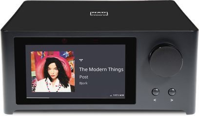 NAD C700 V2 Stereo Hi-Fi Amplifier, front view, color screen displaying an album cover, rotary knob on the right, 2 buttons at the bottom