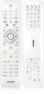 Hvid Philips fjernbetjening med grå og blå knapper, set forfra