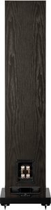 Gulvhøjttaler Fyne Audio F501E, bagside, mørk træfinish, metalforbindelser, base med stabiliserende spikes
