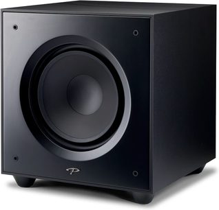 Paradigm Defiance V12 sort satineret baskabinetfrontvisning, kubisk form, centralt rundt sort højttaler