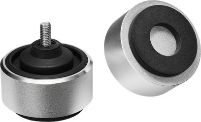 Cylindriske, gråmetallic aluminiumsfødder til Audio Technica AT-LPA2 hi-fi pladespiller, med sort gummiindsats, centreret gevindstang og skridsikker bund, set i perspektiv