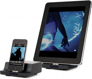 Cambridge Audio ID100 sort dockingstation til iPhone og iPad med touchskærm, lodret og vandret position