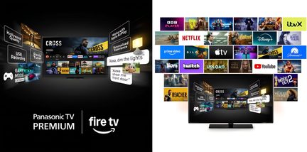 Musta, muovinen litteä televisio, ohut kehys ja keskijalusta, värikäs suoratoistokäyttöliittymä näytöllä, etunäkymä