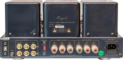 Cayin CS-55A EL34 rørforstærker i antracitgrå, metalkabinet, bagside med tre rektangulære transformatorhætter på toppen, forgyldte RCA-stik, højttalerterminaler og netstik