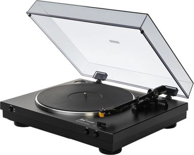 Zwarte hi-fi platenspeler Dual CS 329, matzwarte behuizing met zilverkleurige metalen draaitafel en open transparante stofkap, driekwart vooraanzicht