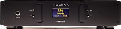 Partea frontală a unui convertor audio DAC Rockna Wavedream, carcasă neagră cu ecran LCD și butoane rotative