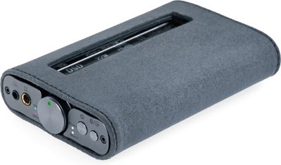 Gray fabric iFi Audio xDSD Gryphon case, three-quarter view, top window and cutouts for knob and ports