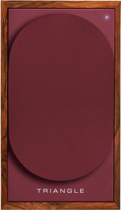Verbonden luidspreker Triangle BR02 Connect bordeaux, vooraanzicht, ovale bordeaux stoffen front, houten frame, blauwe LED-indicator