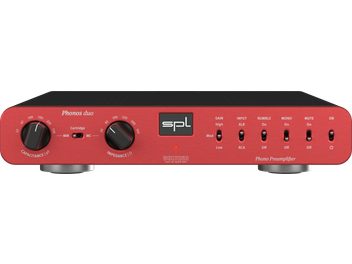 Red SPL Phonos Duo phono preamp, front view, with two black knobs and toggle controls