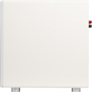 Velodyne VI-Q 12 witte subwoofer, zijaanzicht met metalen pootjes en rode en zwarte aansluitklemmen
