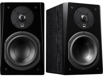 Diffusori acustici da libreria SVS Prime Bookshelf in frassino nero, vista frontale, tweeter e woofer circolari, cabinet in legno scuro