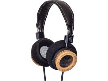Cuffie hi-fi aperte Grado RS2x, vista di tre quarti, archetto nero imbottito, padiglioni auricolari circolari in legno, griglia metallica