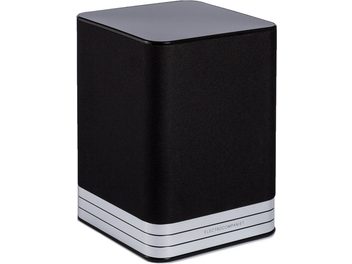 Enceinte Electrocompaniet TANA SL-2 noire, vue de face en perspective, forme cubique, bandes chromées horizontales