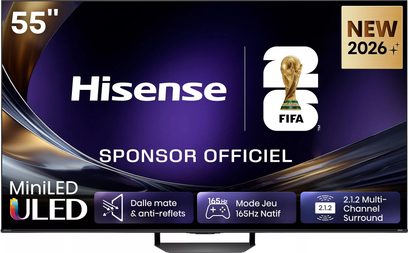 Televizor Hisense 55U7S PRO 55 palců, obrazovka s tenkými rámečky na středovém stojanu, vizuál FIFA 2026 MiniLED ULED