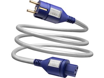 IsoTek EVO3 Sequel 2m blåt strømkabel med forgyldte stik, bestående af tre snoede grå ledere