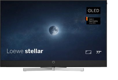 Téléviseur Loewe Stellar 77 DR+ noir vue de face avec écran plat OLED bord fin et pied central argenté