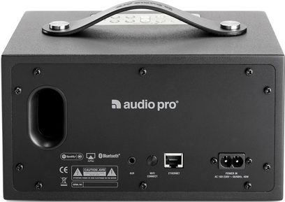 Trådløs, tilsluttet højttaler Audio Pro ADDON C3 sort, set forfra, tilslutninger og betjeningselementer på forsiden, mat sort finish