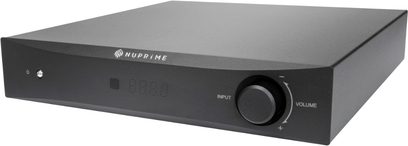 Convertor audio DAC Nuprime DAC-8 negru, carcasă dreptunghiulară neagră mată, panou frontal cu butoane și buton rotativ pentru volum