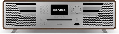 Alt-i-en hi-fi-system Sonoro Meisterstück (gen 2) valnød - sølv, set forfra, centralskærm, knapper og indbyggede højttalere