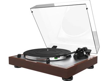 Giradischi hi-fi Thorens TD 402 DD in noce, vista dall'alto, coperchio aperto, braccio di lettura, piatto nero, base in legno