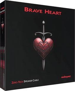 Scatola di cartone nera del cavo per altoparlanti Audioquest Brave Heart, illustrazione rossa di un cuore trafitto, vista a tre quarti