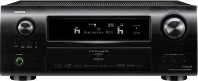 Denon AVR 4311 sort hjemmebiografsforstærker, set forfra, blå skærm, knapper og stik på forsiden, to justeringsknapper