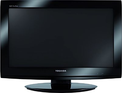 Toshiba 19AV733F TV, 19 tommer flad LCD-skærm, set forfra, slukket, på sort drejelig fod, blank sort ramme