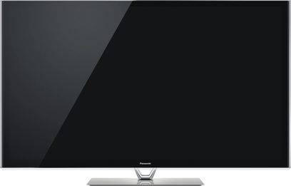 Televizor Panasonic TX-P50VT60E, černá obdélníková plochá obrazovka, pohled zepředu, umístěný na stříbrném kovovém stojanu