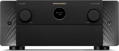 Marantz Cinema 30 svart, hjemmekinoforsterker, frontvisning, matt svart frontpanel, blå skjerm, sentral knapp, 2 sideknotter, innganger og volumkontroll