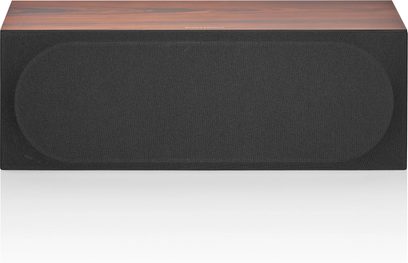 Bowers & Wilkins HTM72 S3 centrinė garso kolonėlė kavos spalvos apdaila, priekinis vaizdas, tamsios medienos korpusas, juoda grotelė, sidabrinis viršūninis garsiakalbis