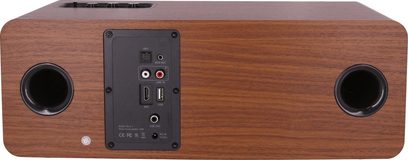 Cassa wireless Enova HIFI VELA V, vista posteriore, finitura in legno, 2 eventi circolari, pannello di connessione centrale