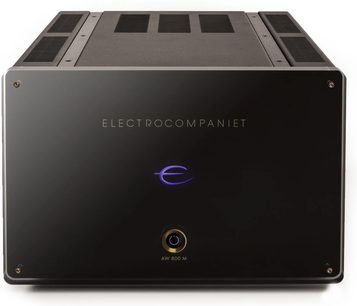 Amplificatore Electrocompaniet AW800M nero, pannello frontale in alluminio spazzolato, logo illuminato blu, griglie sulla parte superiore